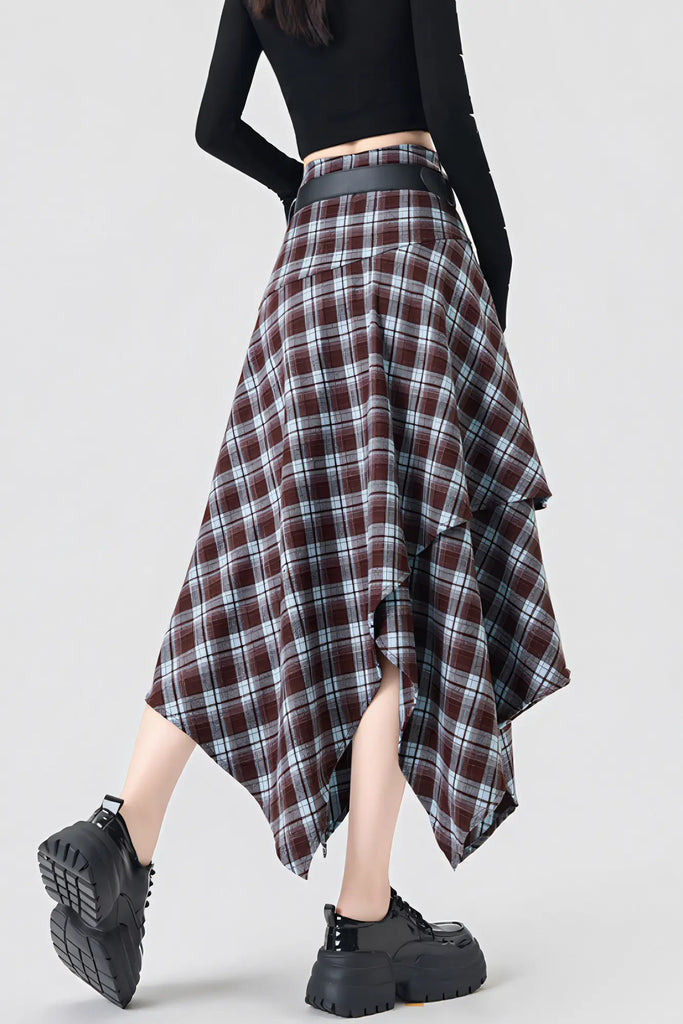 Women’s Coffee Brown & Black Plaid Midi Skirt – High-Waist Asymmetrical Hem Skirt (AutumnWinter 2025)