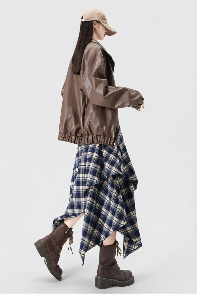 Women’s Coffee Brown & Black Plaid Midi Skirt – High-Waist Asymmetrical Hem Skirt (AutumnWinter 2025)