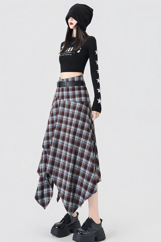 Women’s Coffee Brown & Black Plaid Midi Skirt – High-Waist Asymmetrical Hem Skirt (AutumnWinter 2025)
