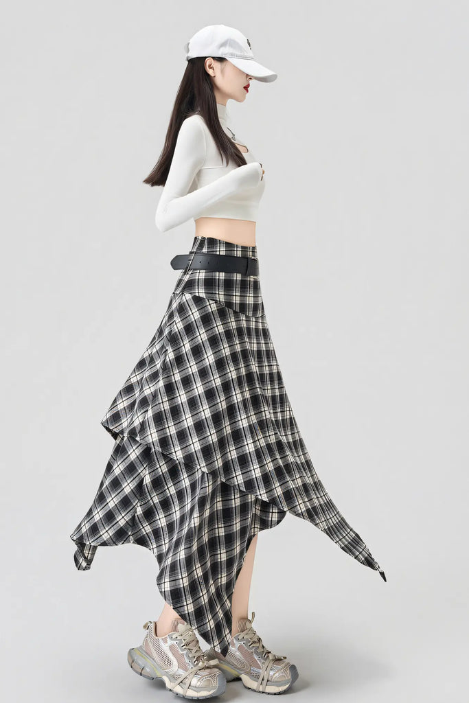 Women’s Coffee Brown & Black Plaid Midi Skirt – High-Waist Asymmetrical Hem Skirt (AutumnWinter 2025)