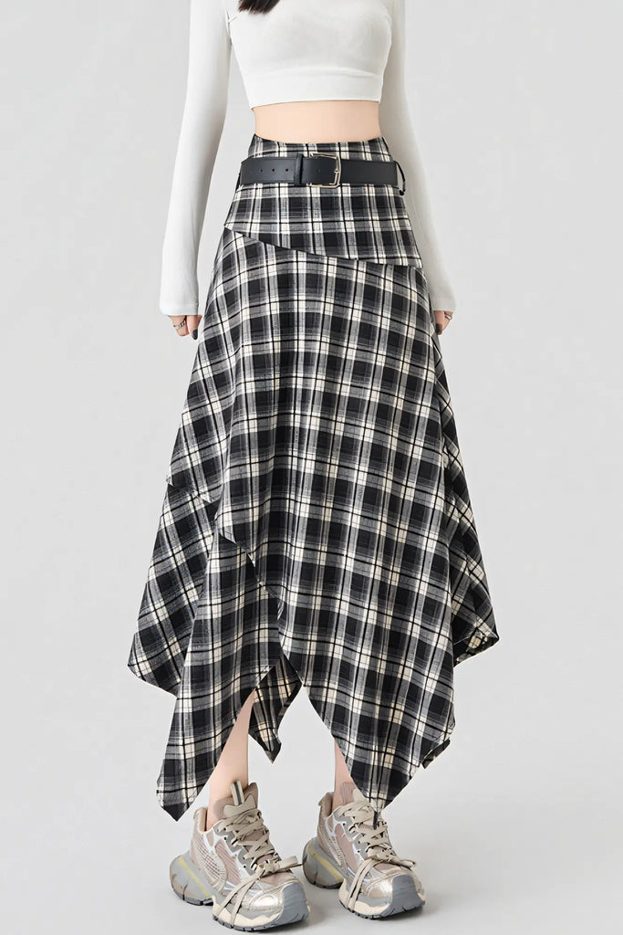Women’s Coffee Brown & Black Plaid Midi Skirt – High-Waist Asymmetrical Hem Skirt (AutumnWinter 2025)