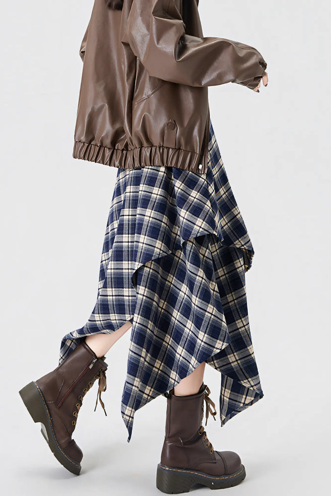 Women’s Coffee Brown & Black Plaid Midi Skirt – High-Waist Asymmetrical Hem Skirt (AutumnWinter 2025)