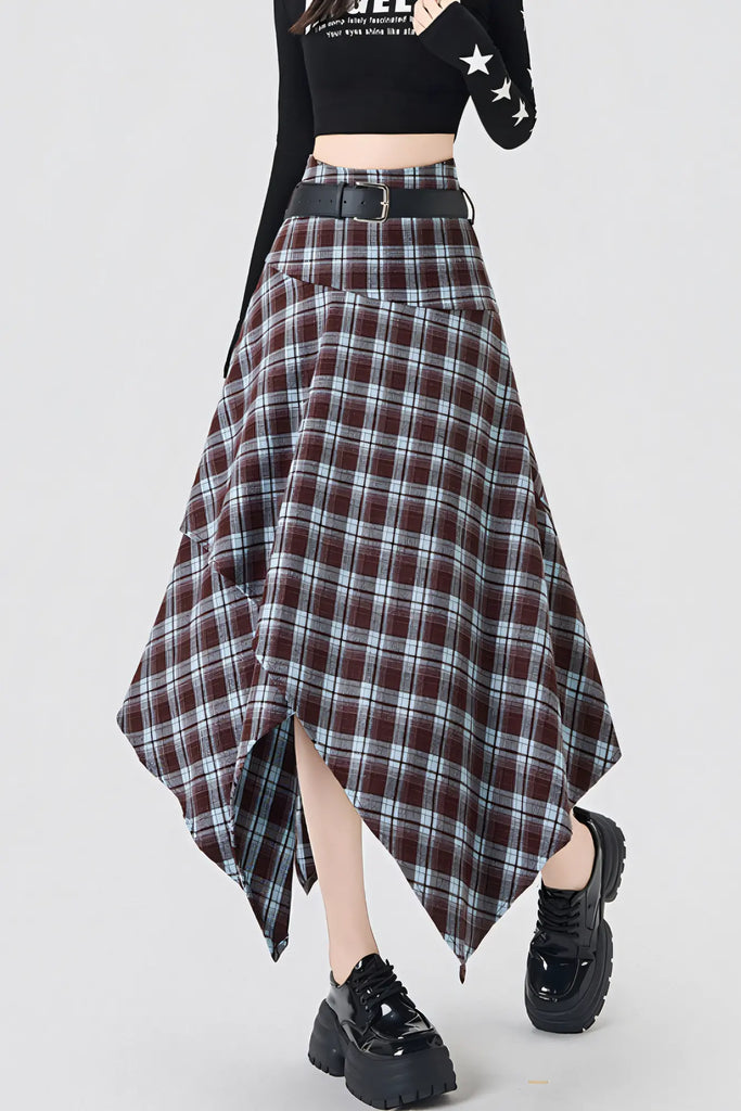 Women’s Coffee Brown & Black Plaid Midi Skirt – High-Waist Asymmetrical Hem Skirt (AutumnWinter 2025)