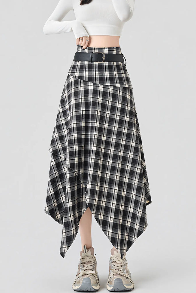 Women’s Coffee Brown & Black Plaid Midi Skirt – High-Waist Asymmetrical Hem Skirt (AutumnWinter 2025)