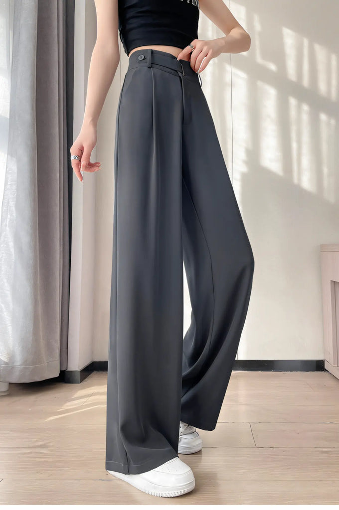 Women’s Draped Suit Trousers – Lightweight Ice-Silk Straight-Leg Pants
