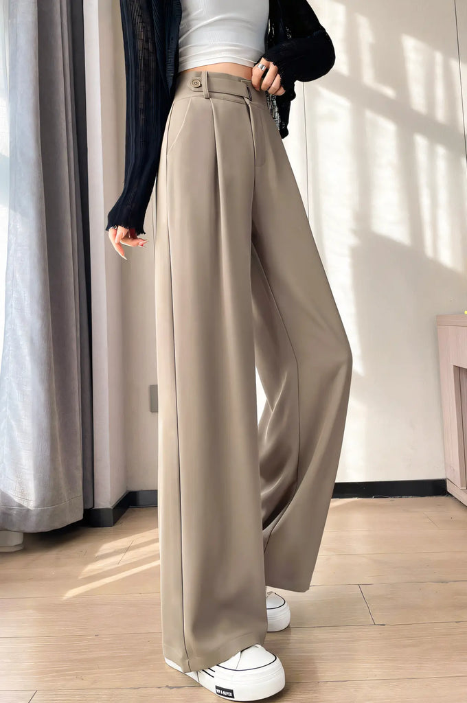 Women’s Draped Suit Trousers – Lightweight Ice-Silk Straight-Leg Pants