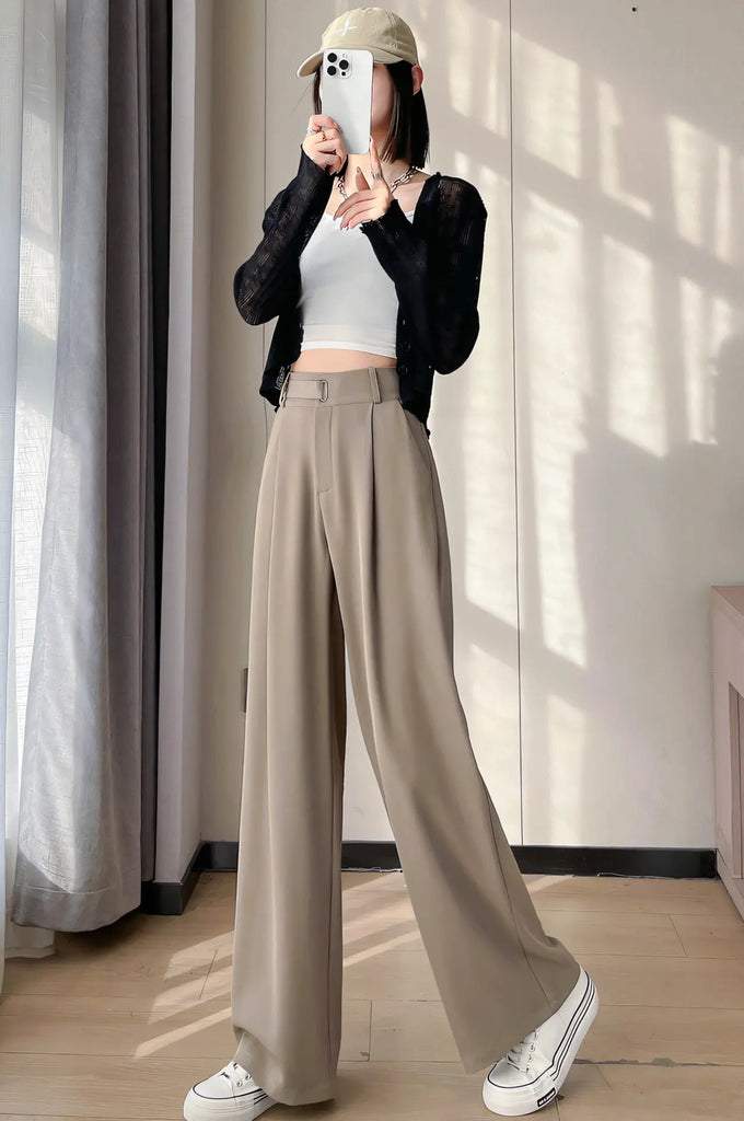Women’s Draped Suit Trousers – Lightweight Ice-Silk Straight-Leg Pants