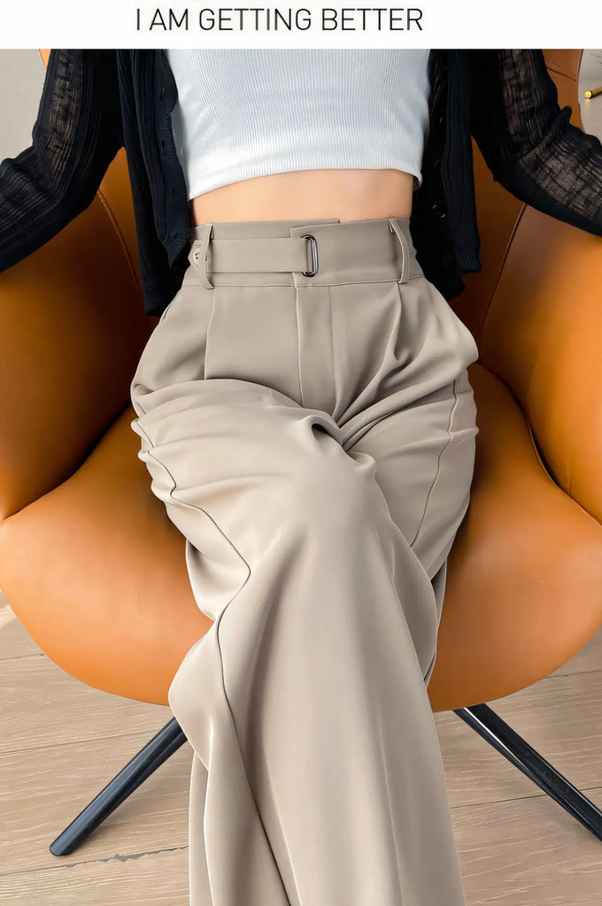Women’s Draped Suit Trousers – Lightweight Ice-Silk Straight-Leg Pants