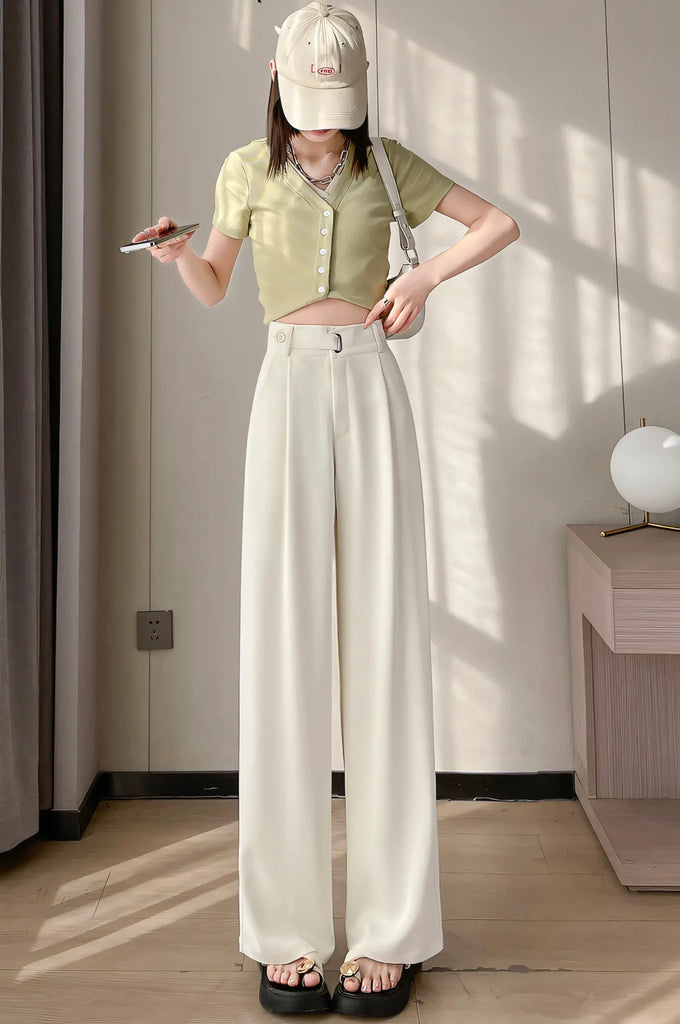 Women’s Draped Suit Trousers – Lightweight Ice-Silk Straight-Leg Pants
