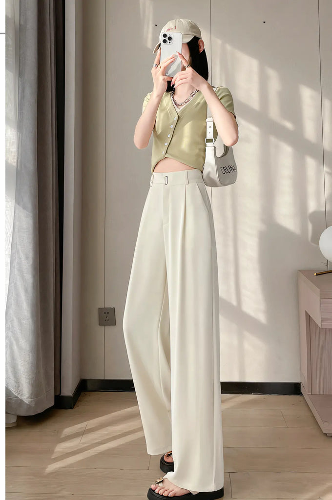 Women’s Draped Suit Trousers – Lightweight Ice-Silk Straight-Leg Pants