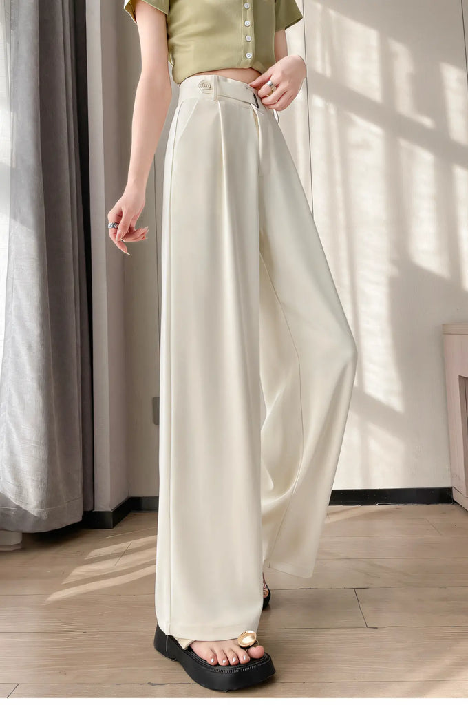 Women’s Draped Suit Trousers – Lightweight Ice-Silk Straight-Leg Pants