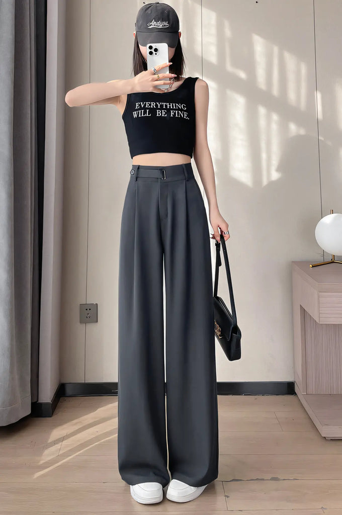 Women’s Draped Suit Trousers – Lightweight Ice-Silk Straight-Leg Pants