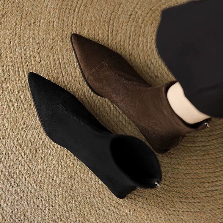 Women’s French Chic Stretch Slim Boots – Pointed-Toe Block Heel Ankle Boots
