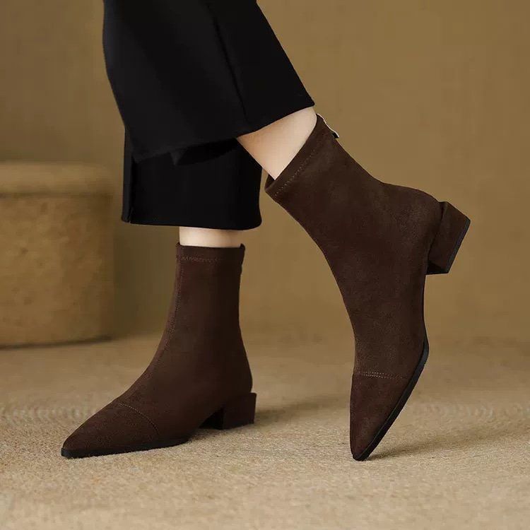 Women’s French Chic Stretch Slim Boots – Pointed-Toe Block Heel Ankle Boots