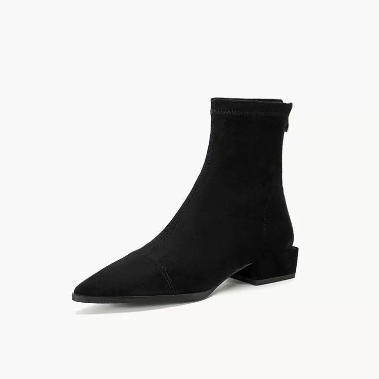 Women’s French Chic Stretch Slim Boots – Pointed-Toe Block Heel Ankle Boots