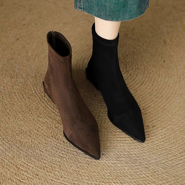 Women’s French Chic Stretch Slim Boots – Pointed-Toe Block Heel Ankle Boots