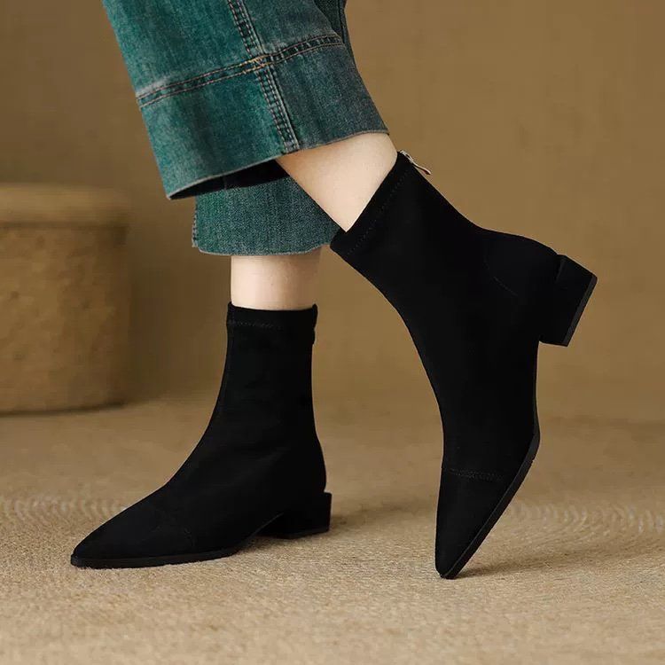 Women’s French Chic Stretch Slim Boots – Pointed-Toe Block Heel Ankle Boots