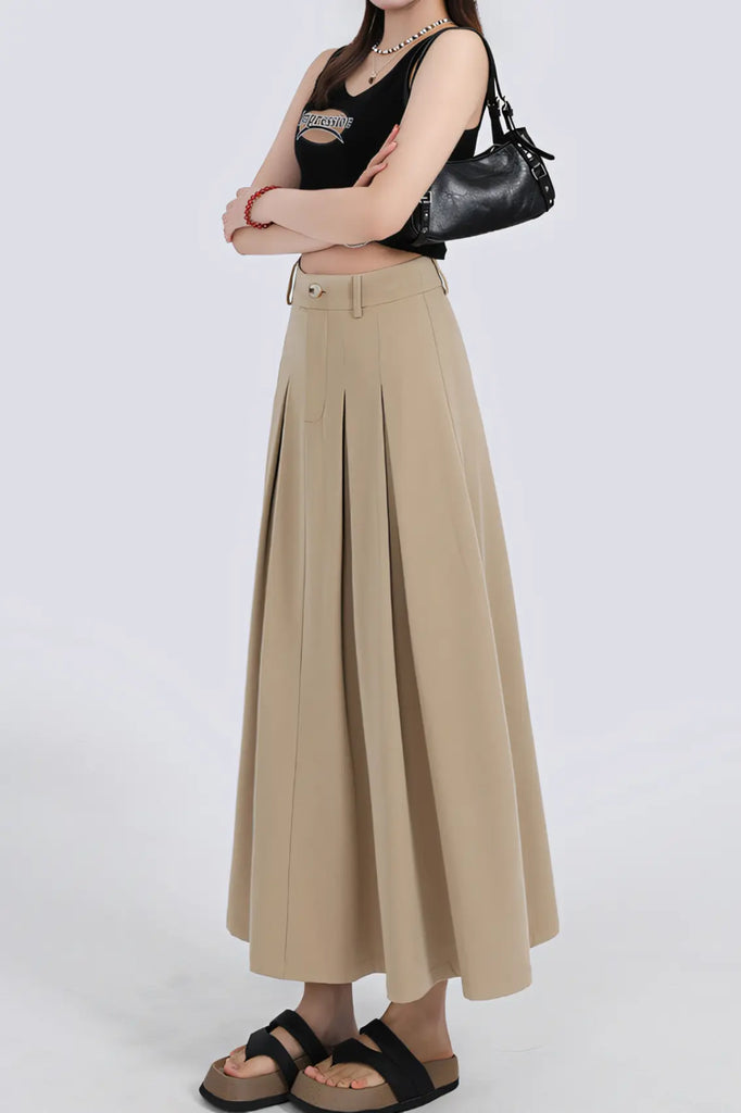 Women’s Khaki High-Waist A-Line Midi Skirt