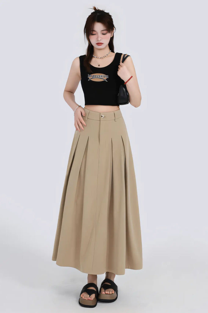 Women’s Khaki High-Waist A-Line Midi Skirt