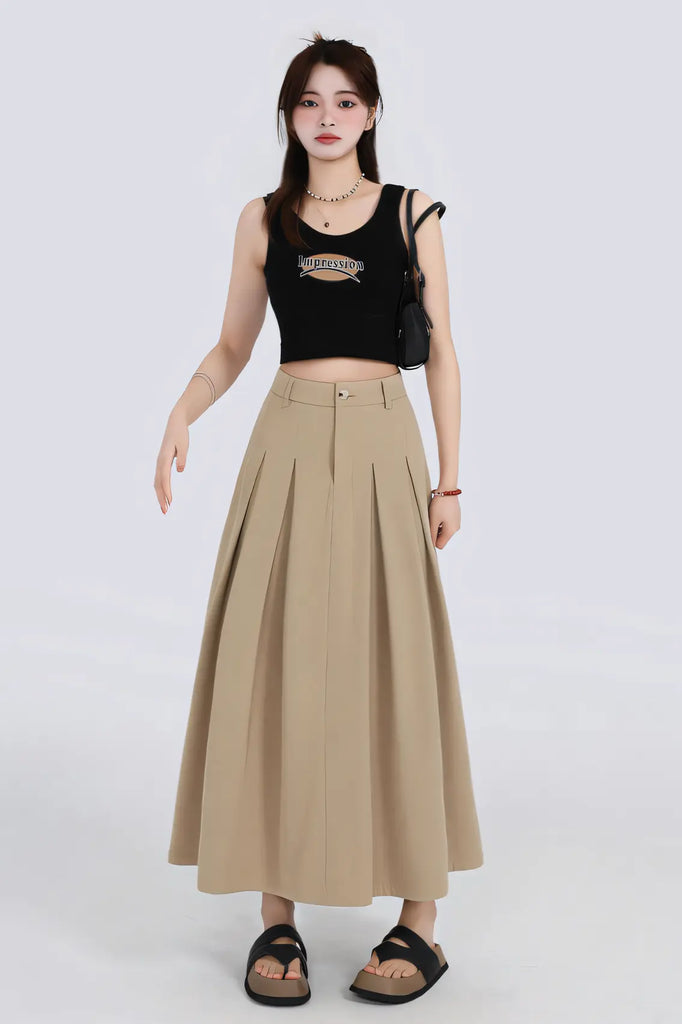 Women’s Khaki High-Waist A-Line Midi Skirt
