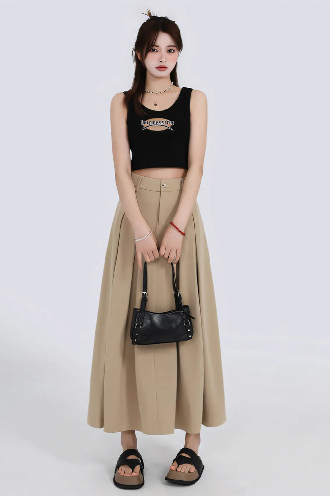 Women’s Khaki High-Waist A-Line Midi Skirt
