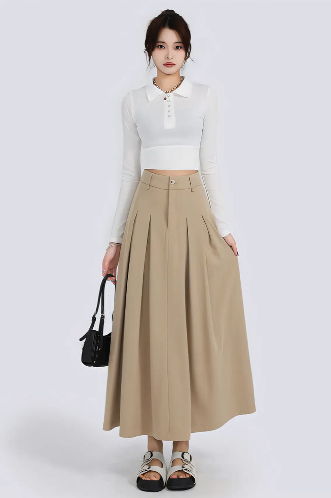 Women’s Khaki High-Waist A-Line Midi Skirt