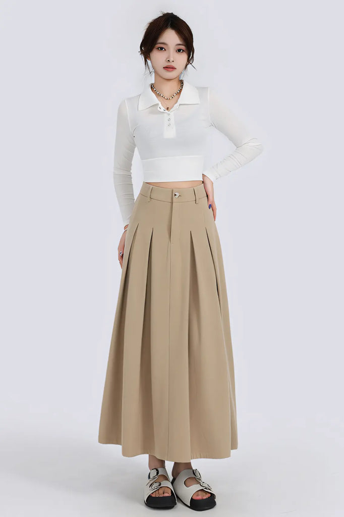 Women’s Khaki High-Waist A-Line Midi Skirt
