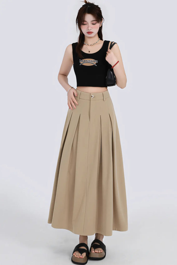 Women’s Khaki High-Waist A-Line Midi Skirt