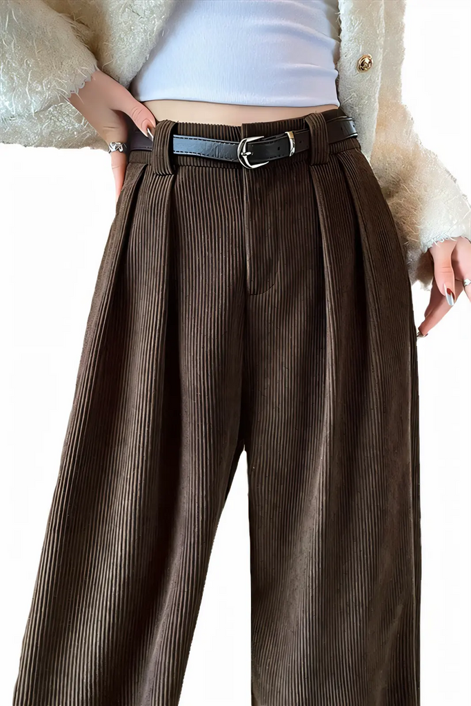 Women’s Maillard Coffee Chenille Wide-Leg Pants – Slim-Fit Straight Cut Trousers