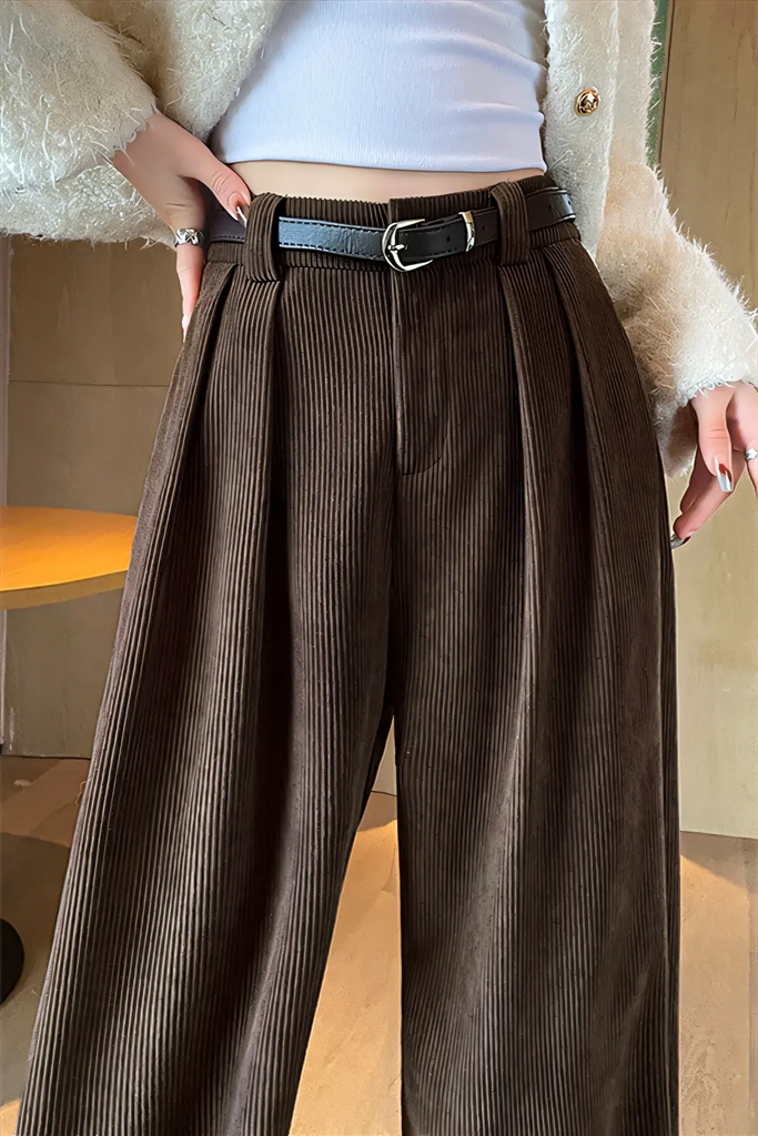Women’s Maillard Coffee Chenille Wide-Leg Pants – Slim-Fit Straight Cut Trousers