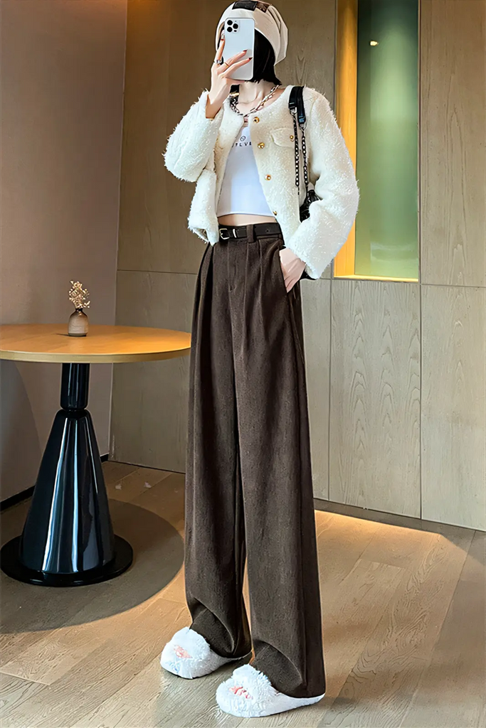Women’s Maillard Coffee Chenille Wide-Leg Pants – Slim-Fit Straight Cut Trousers