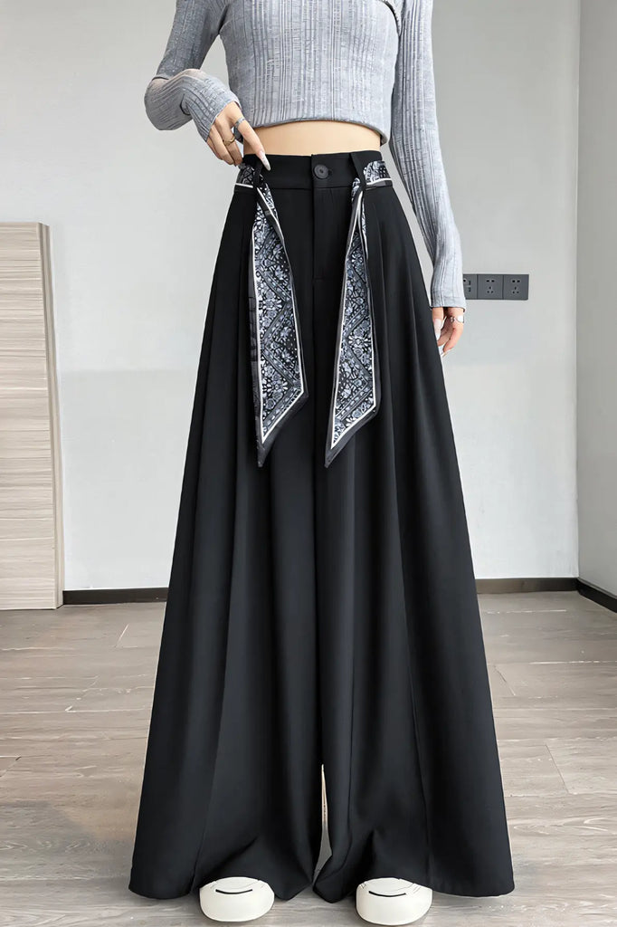 Women’s Old-Money Style Tailored Wide-Leg Pants – High-Waist Draped Trousers with Scarf Belt