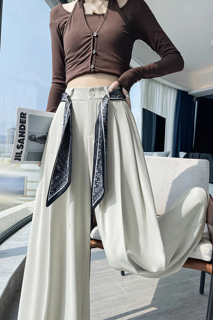 Women’s Old-Money Style Tailored Wide-Leg Pants – High-Waist Draped Trousers with Scarf Belt