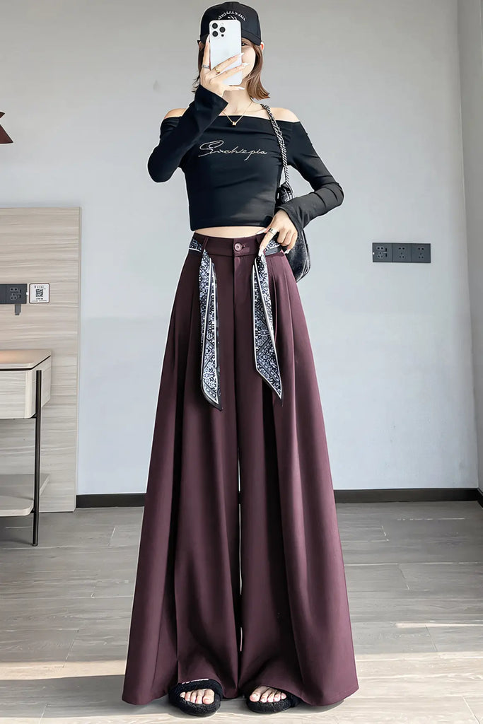 Women’s Old-Money Style Tailored Wide-Leg Pants – High-Waist Draped Trousers with Scarf Belt
