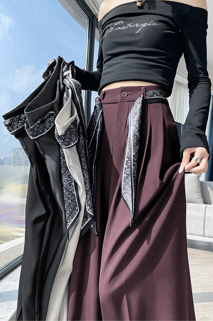 Women’s Old-Money Style Tailored Wide-Leg Pants – High-Waist Draped Trousers with Scarf Belt
