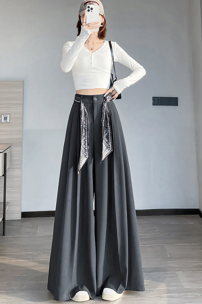 Women’s Old-Money Style Tailored Wide-Leg Pants – High-Waist Draped Trousers with Scarf Belt