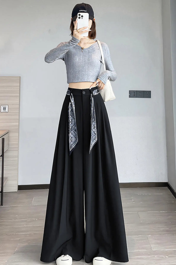 Women’s Old-Money Style Tailored Wide-Leg Pants – High-Waist Draped Trousers with Scarf Belt