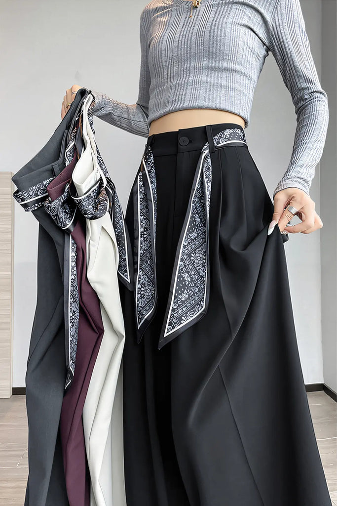 Women’s Old-Money Style Tailored Wide-Leg Pants – High-Waist Draped Trousers with Scarf Belt