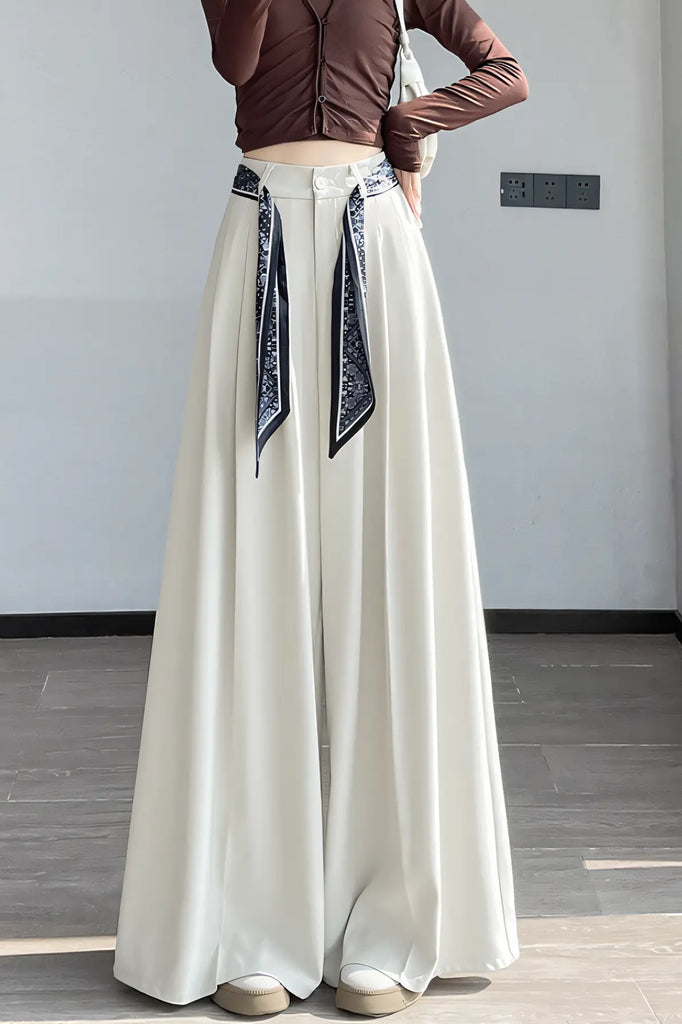 Women’s Old-Money Style Tailored Wide-Leg Pants – High-Waist Draped Trousers with Scarf Belt