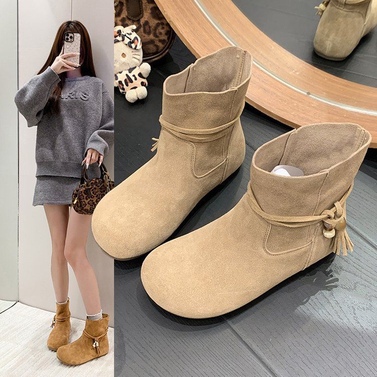 Women’s Suede Fringe Short Boots – Round-Toe Platform Ankle Boots