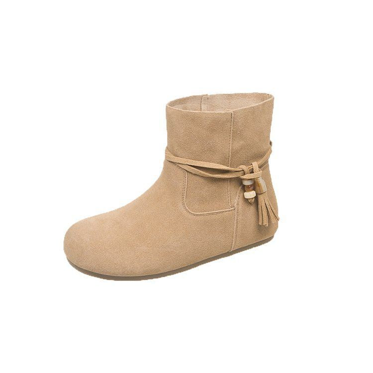 Women’s Suede Fringe Short Boots – Round-Toe Platform Ankle Boots