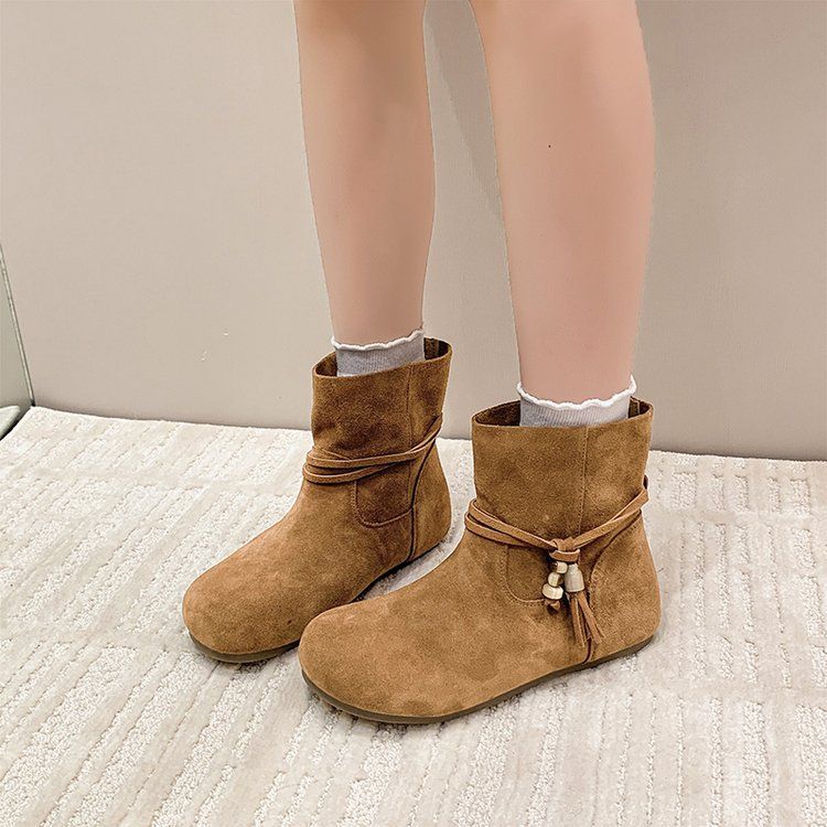 Women’s Suede Fringe Short Boots – Round-Toe Platform Ankle Boots