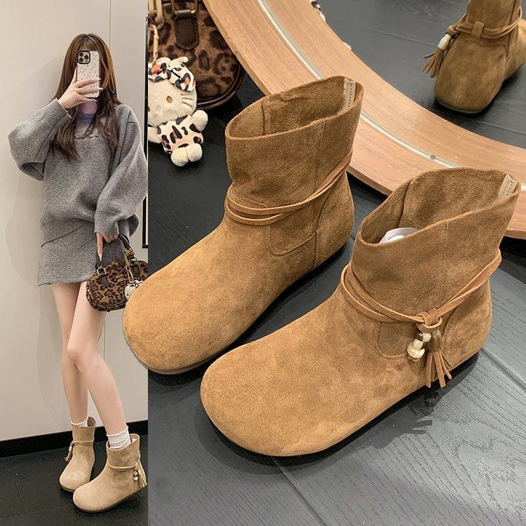 Women’s Suede Fringe Short Boots – Round-Toe Platform Ankle Boots