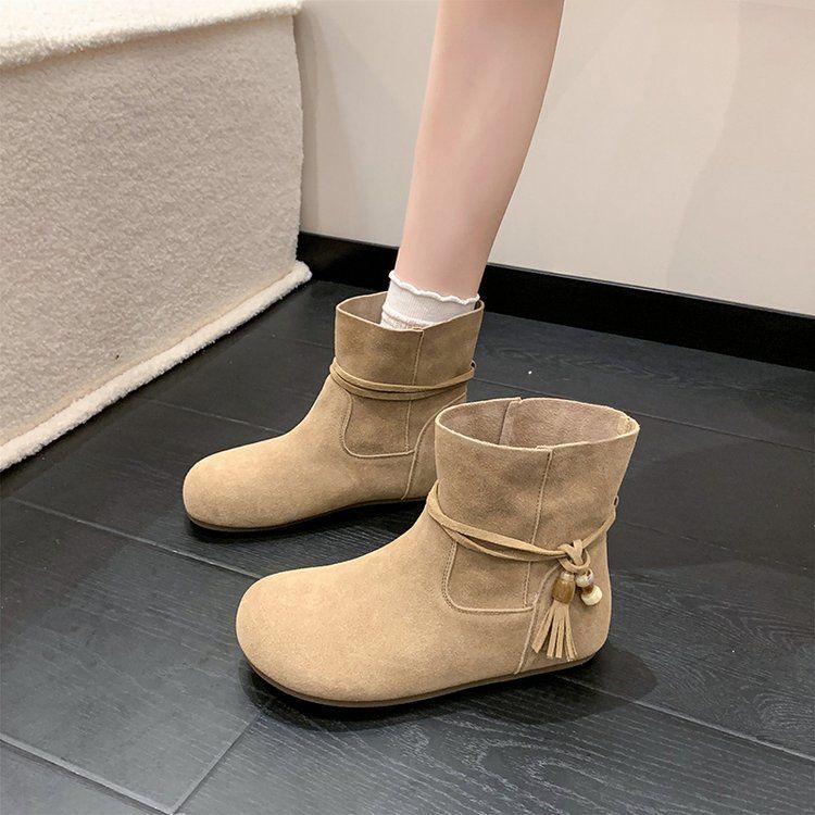 Women’s Suede Fringe Short Boots – Round-Toe Platform Ankle Boots