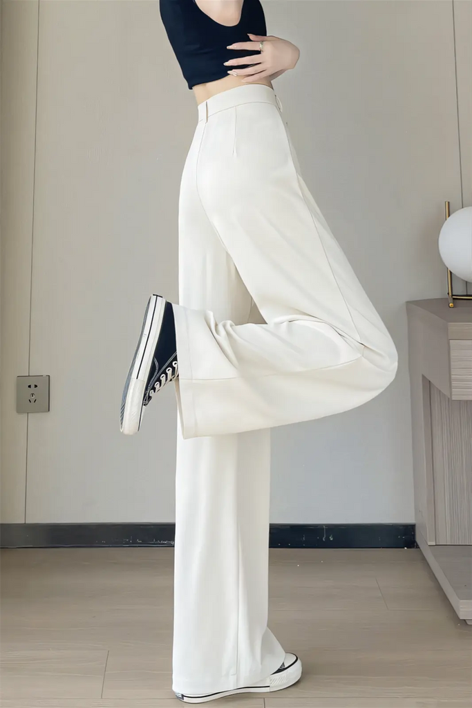 Women’s White Ice-Silk Slim Wide-Leg Pants – Summer Thin Suit Trousers