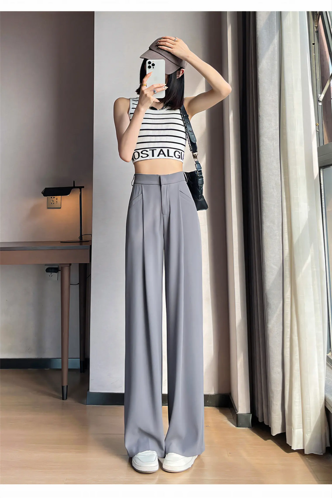 Women’s White Ice-Silk Slim Wide-Leg Pants – Summer Thin Suit Trousers