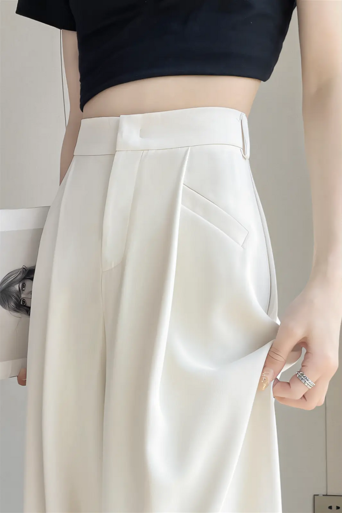 Women’s White Ice-Silk Slim Wide-Leg Pants – Summer Thin Suit Trousers