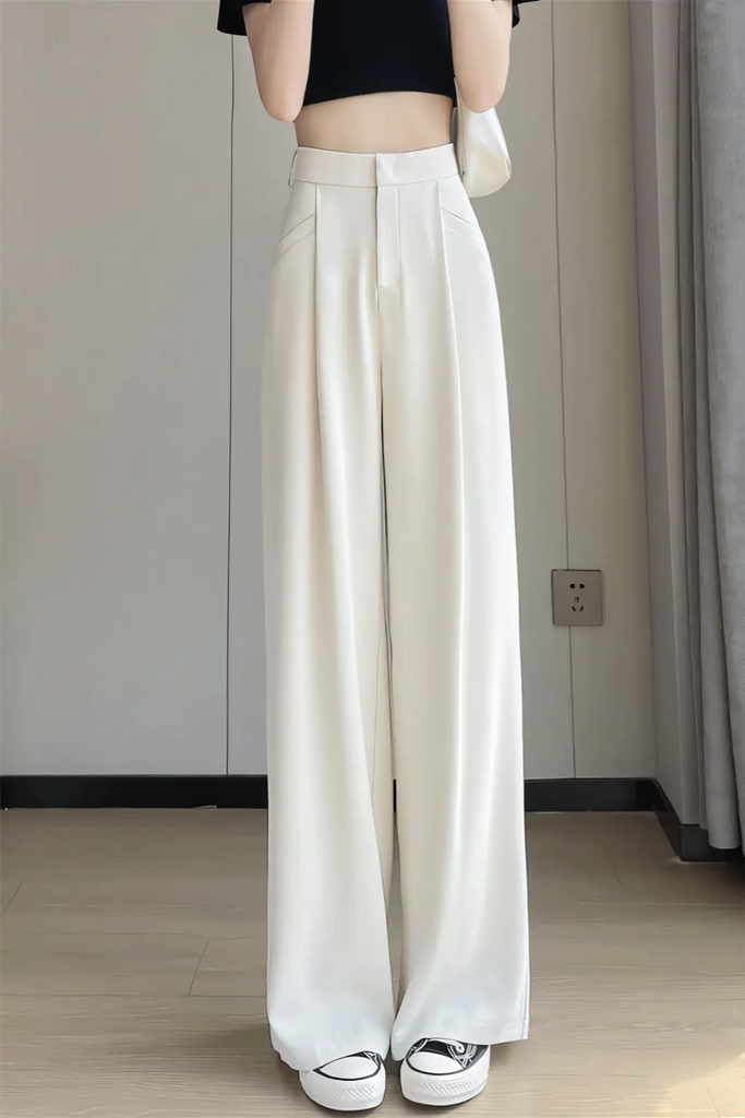 Women’s White Ice-Silk Slim Wide-Leg Pants – Summer Thin Suit Trousers