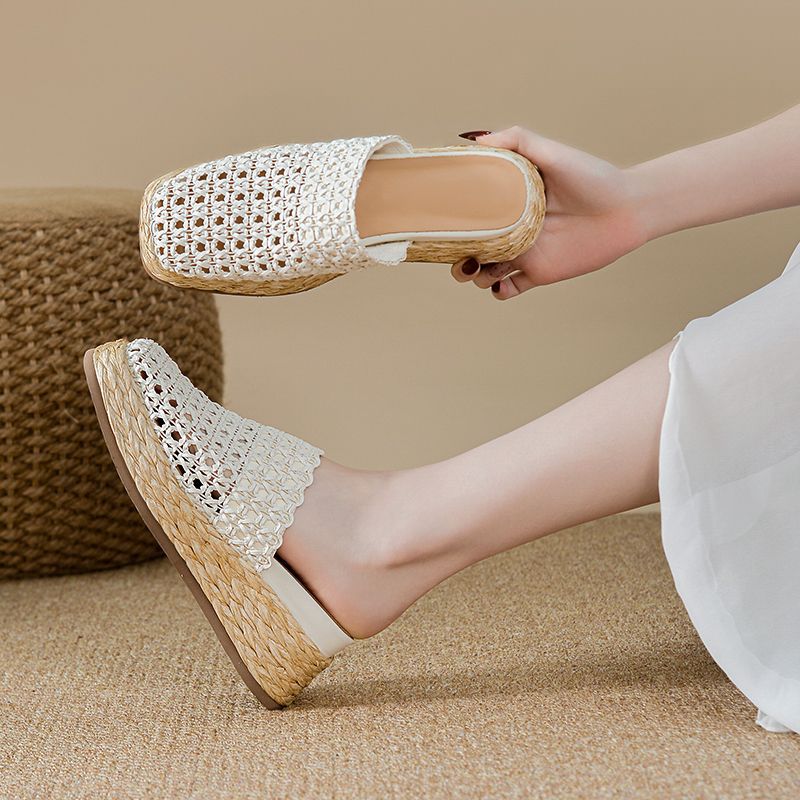 Women’s Woven Mule Slides – Closed-Toe Breathable Platform Slip-Ons