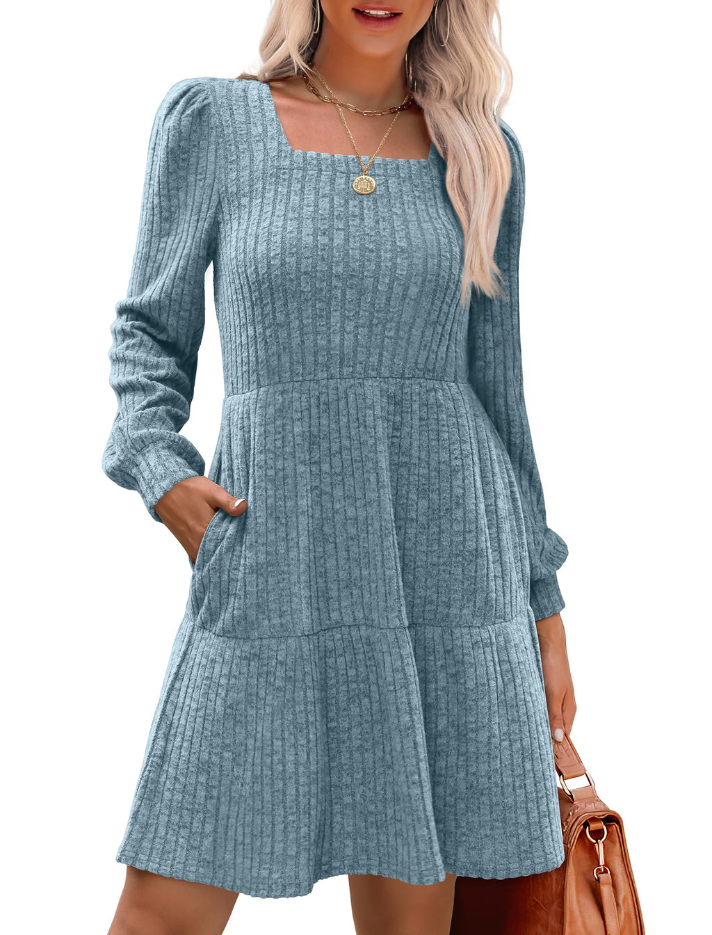 Women's Square Neck Lantern Sleeve Ribbed Dress - Buy 2, Get Free Shipping!